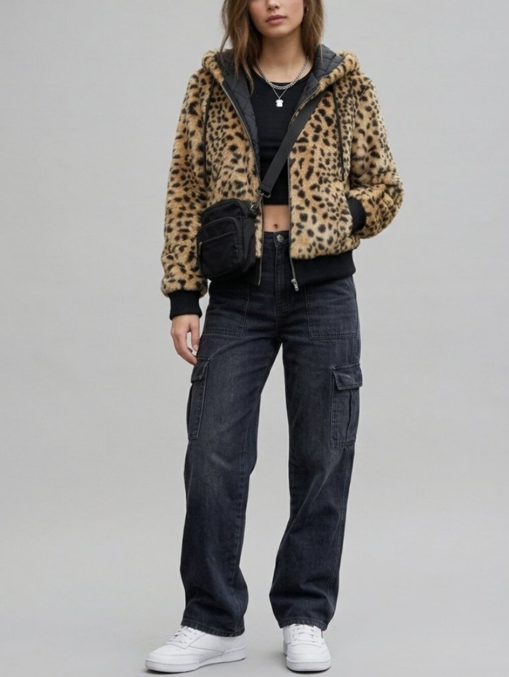 American Rag Leopard Faux Fur Hooded Bomber Jacket Y2K Streetwear, Indie Sleaze